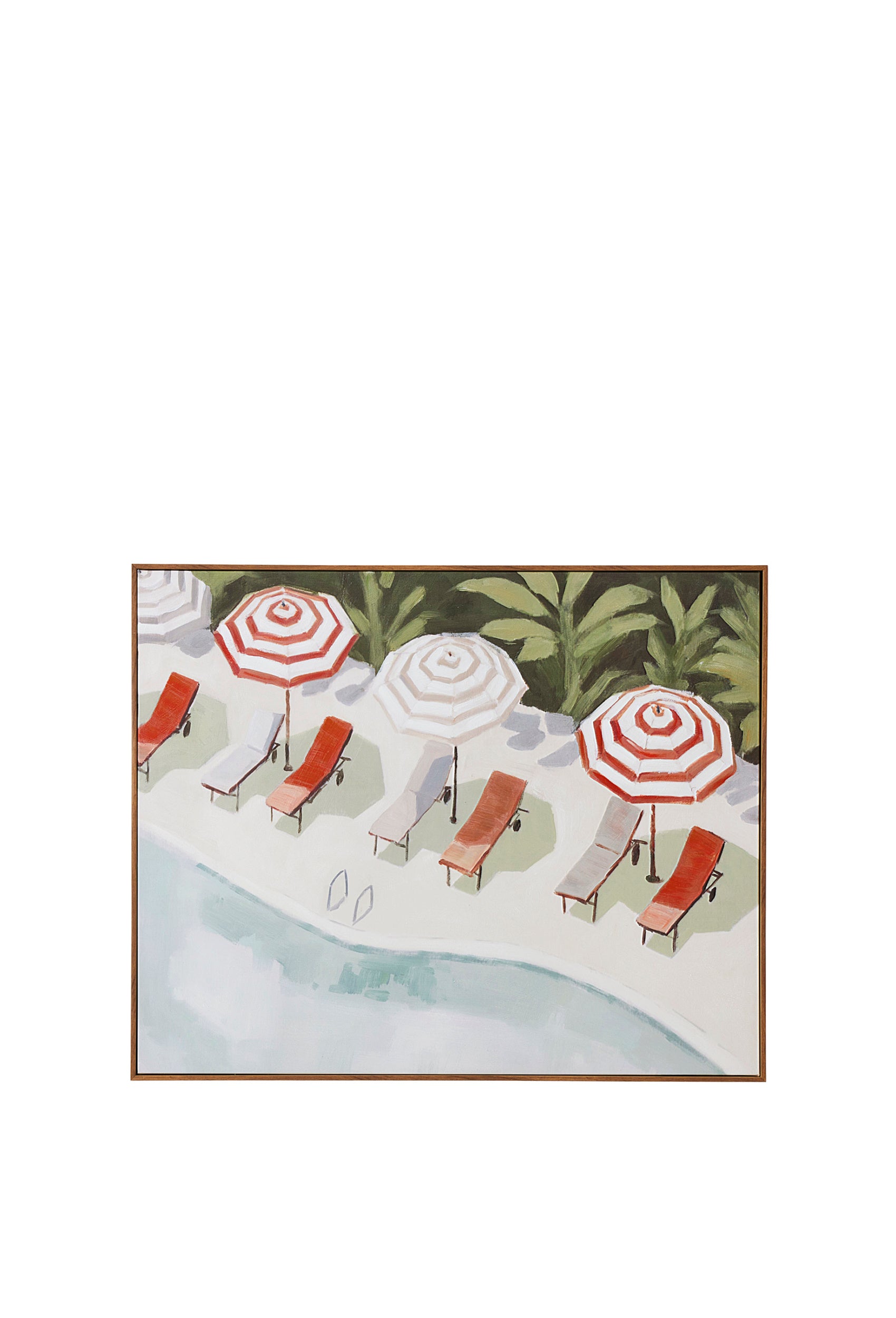 A framed oil painting of a poolside terrace viewed from above, with red, white and cream striped umbrellas, matching sun loungers, a pair of flip-flops on a pale stone deck, a pale blue-green pool and green foliage in the background.