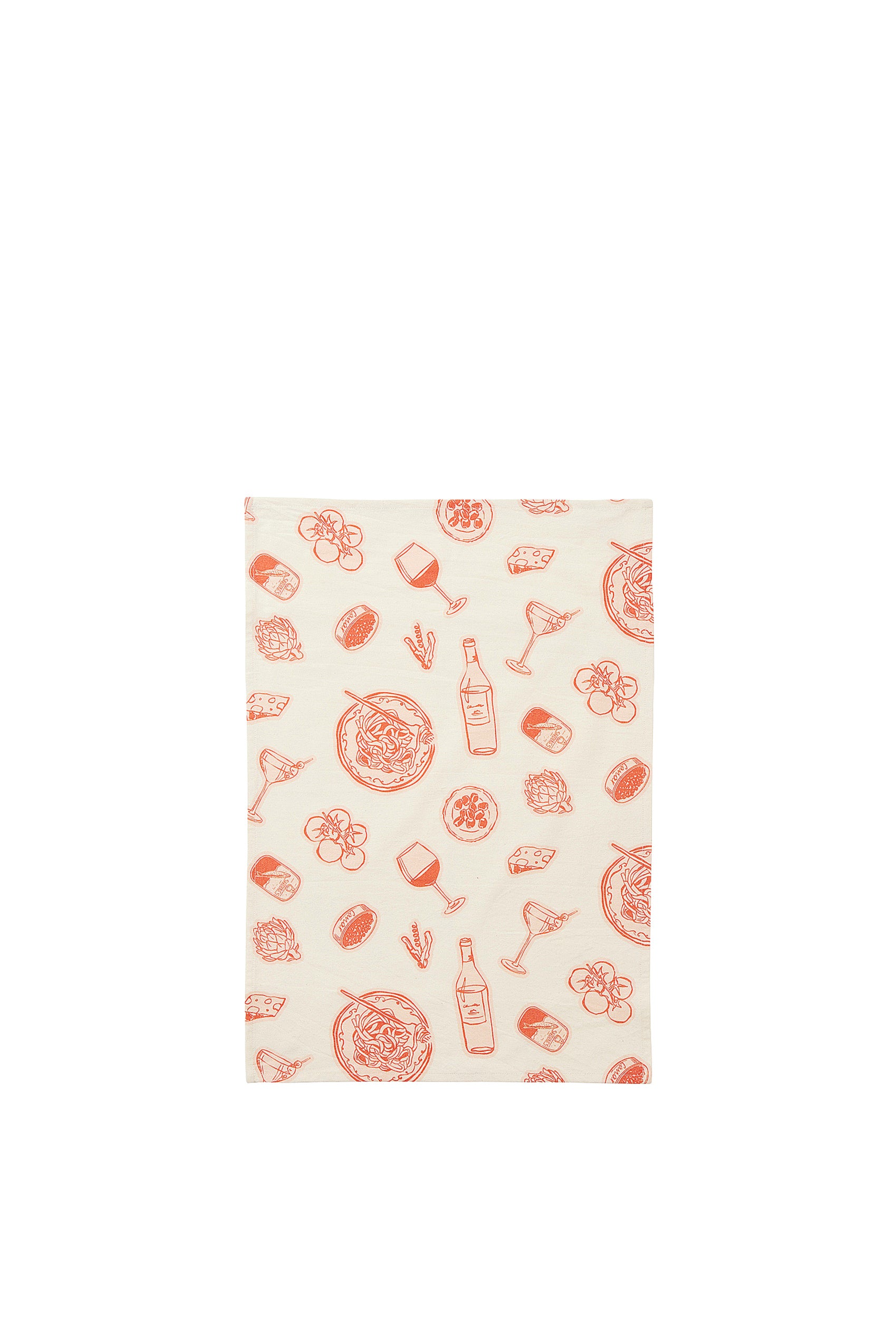 A cream cotton tea towel printed with a coral line-art pattern of wine glasses, wine bottles, martinis, pasta bowls, cheese, artichokes, cherry tomatoes and tinned fish.