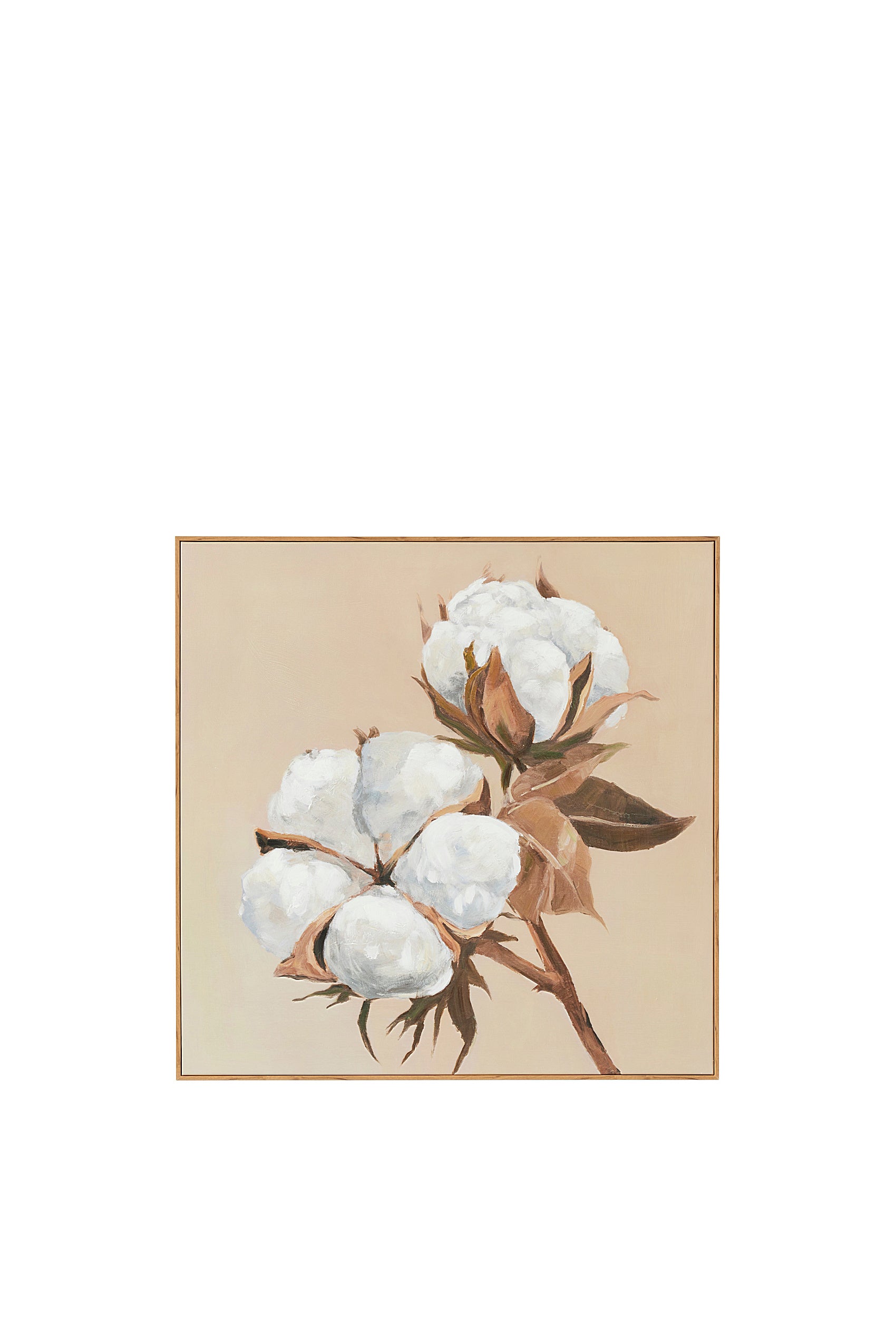 A framed oil painting of a cotton branch with two clusters of white cotton bolls and dried brown leaves, set against a warm taupe background.