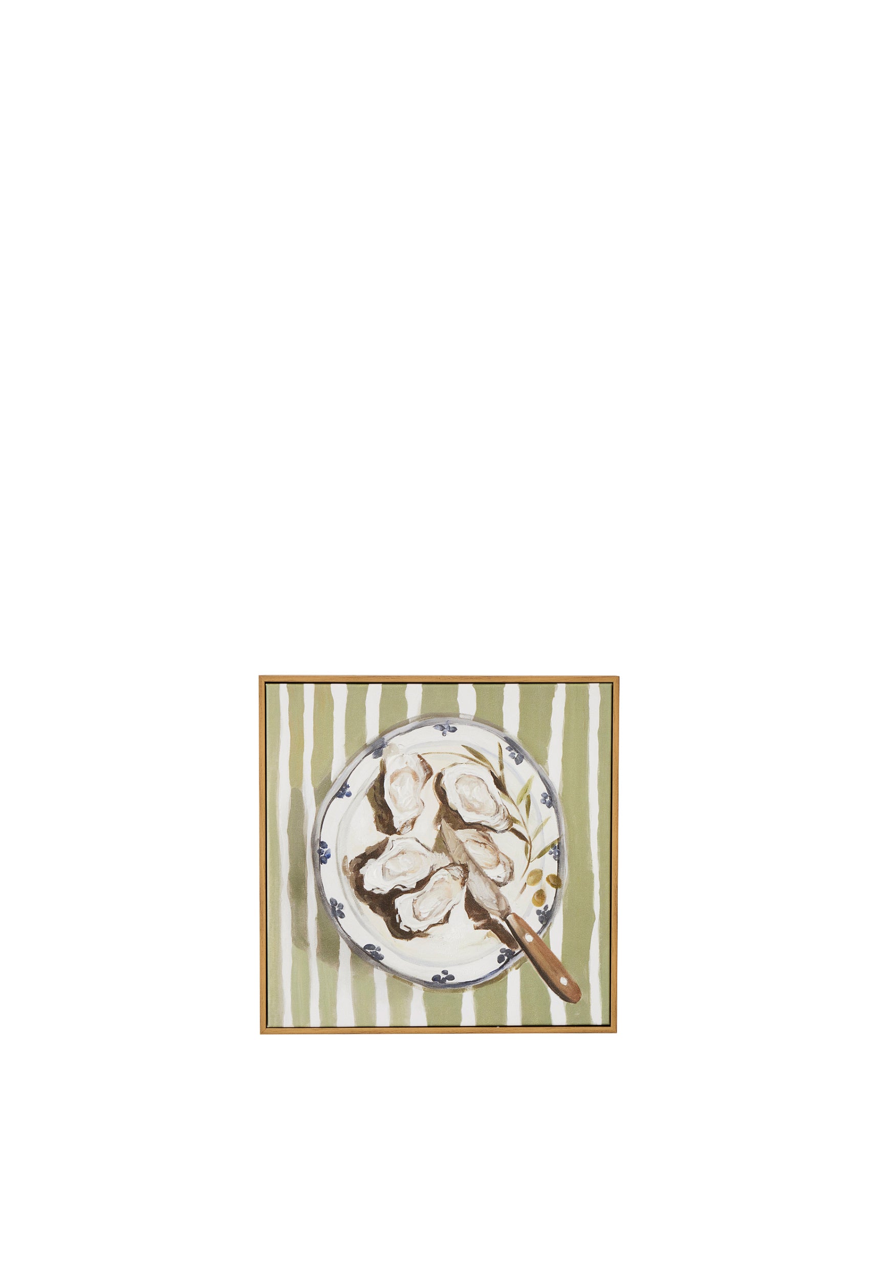 Framed artwork of a plate with food on a white background