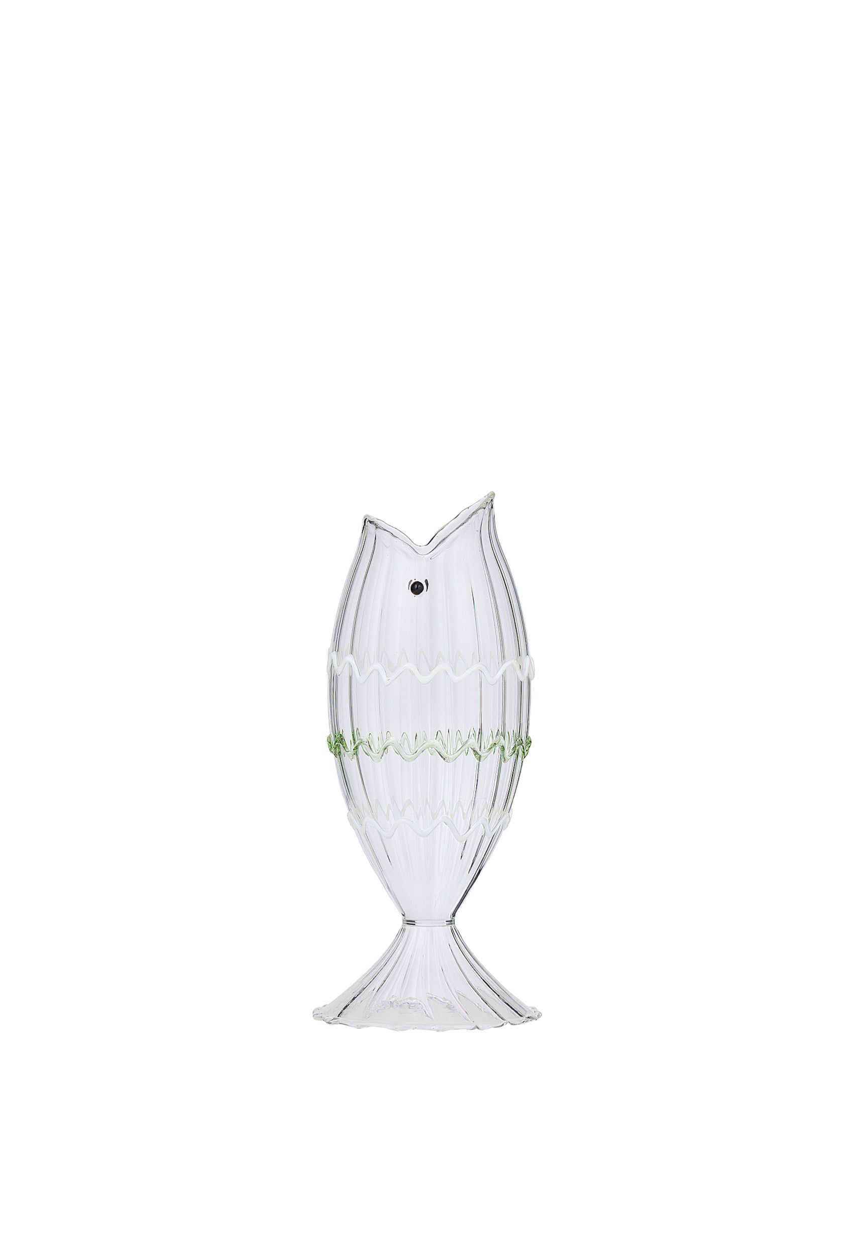 A small clear ribbed glass vase shaped like a fish, with a tail-fin base, a black glass eye and wavy ivory and green trim bands around the body.