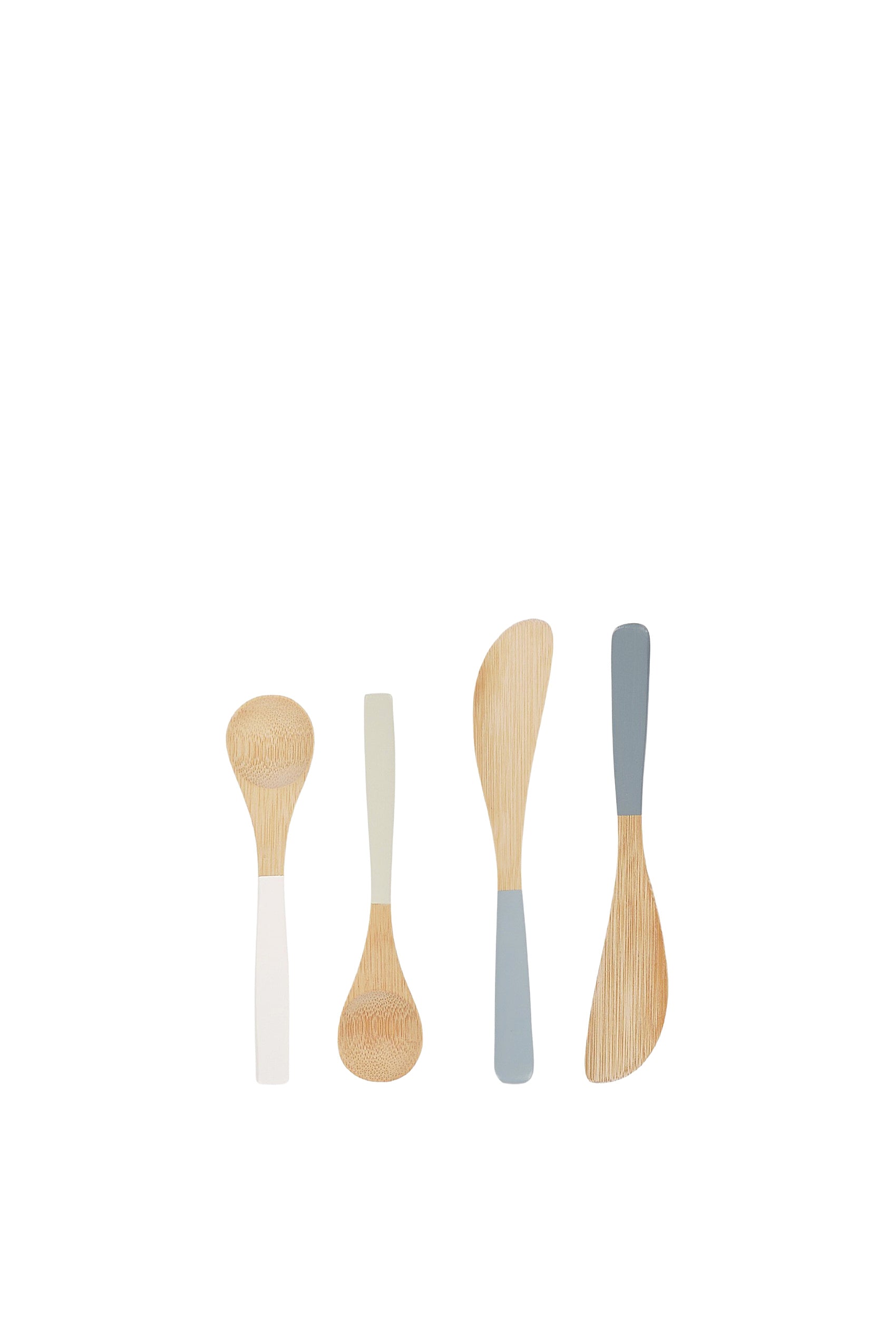 A set of four bamboo utensils with coloured dipped handles in white, sage, grey and charcoal - two round-bowl spoons and two flat spreader knives, arranged in a row.