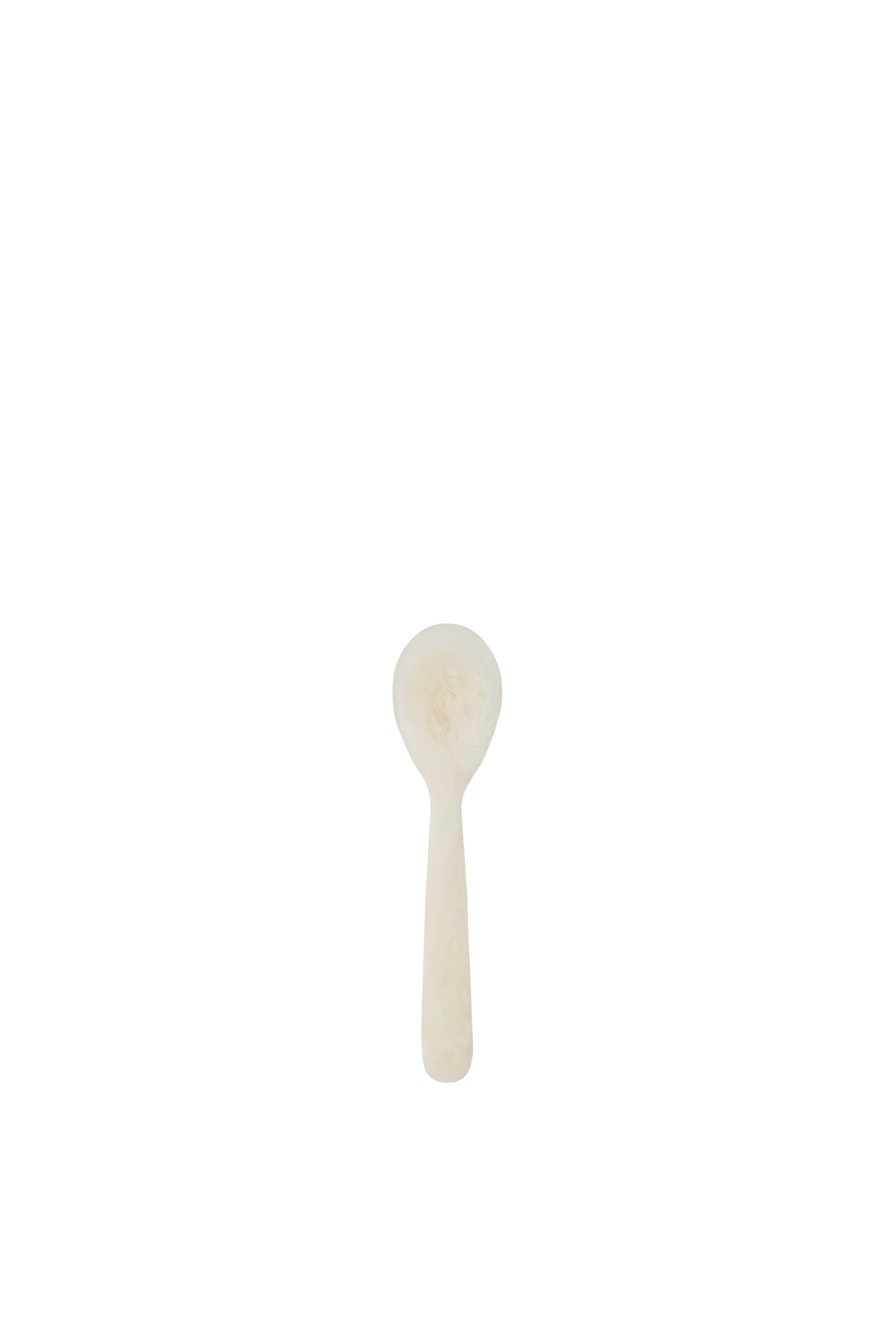 A small ivory resin spoon with subtle natural marbling, a rounded bowl and short straight handle.
